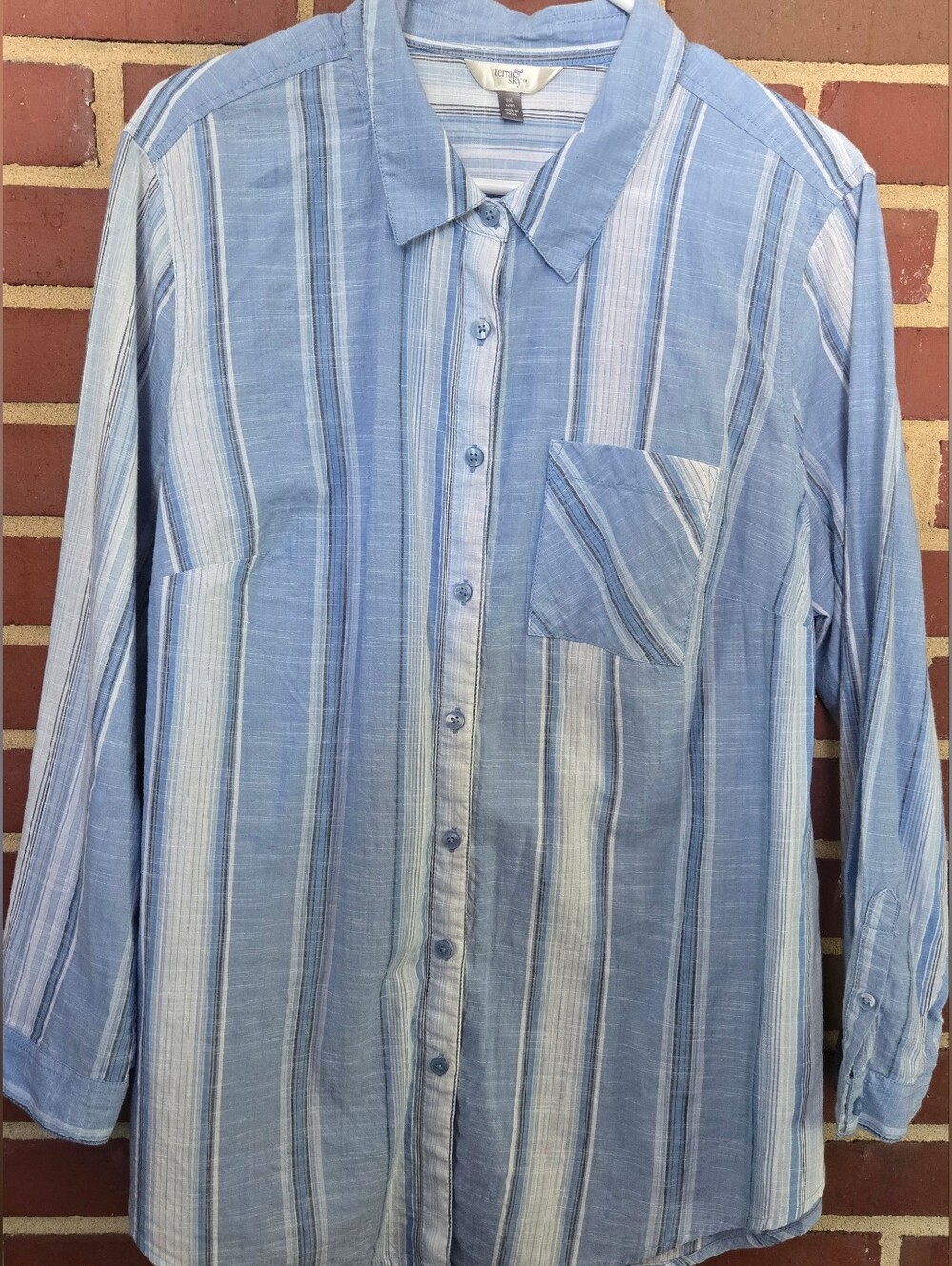 NWT Terra & Sky 0X 14W Blue Striped 100% Cotton Button Front Shirt Plus Size - Picture 2 of 5